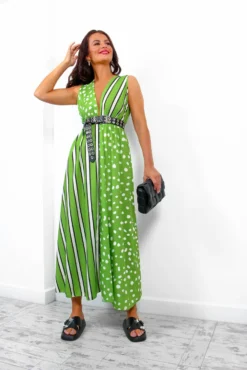 Mixed Messages - Green Polka Dot Striped Midi Dress