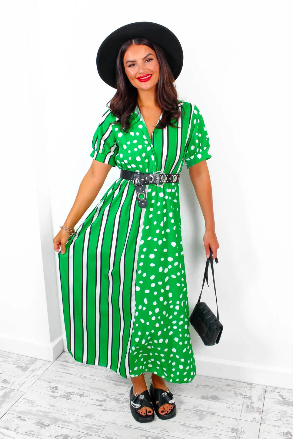 Mixed Up - Green Black Print Midi Shirt Dress 2 Mixed Up - Green Black Print Midi Shirt Dress - Image 2