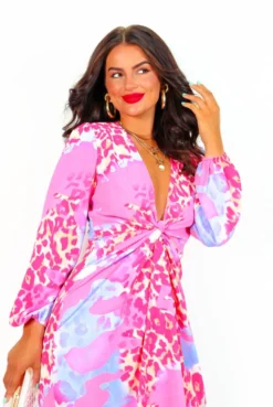 Modern Love - Fuchsia Lilac Leopard Midi Wrap Dress -Glamoros Clothing Shop ModernLove FuchsiaLilacLeopardMidiWrapDress5