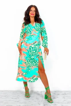 Modern Love - Green Peach Leopard Midi Wrap Dress -Glamoros Clothing Shop ModernLove GreenPeachLeopardMidiWrapDress1