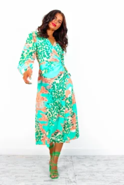 Modern Love - Green Peach Leopard Midi Wrap Dress -Glamoros Clothing Shop ModernLove GreenPeachLeopardMidiWrapDress2