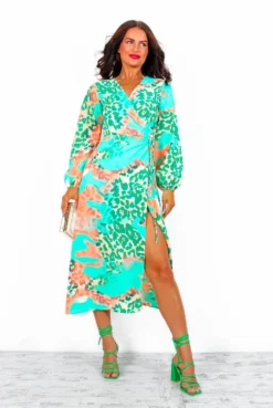 Modern Love - Green Peach Leopard Midi Wrap Dress -Glamoros Clothing Shop ModernLove GreenPeachLeopardMidiWrapDress4