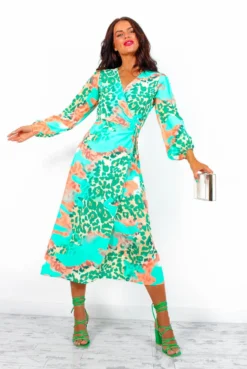 Modern Love - Green Peach Leopard Midi Wrap Dress -Glamoros Clothing Shop ModernLove GreenPeachLeopardMidiWrapDress5
