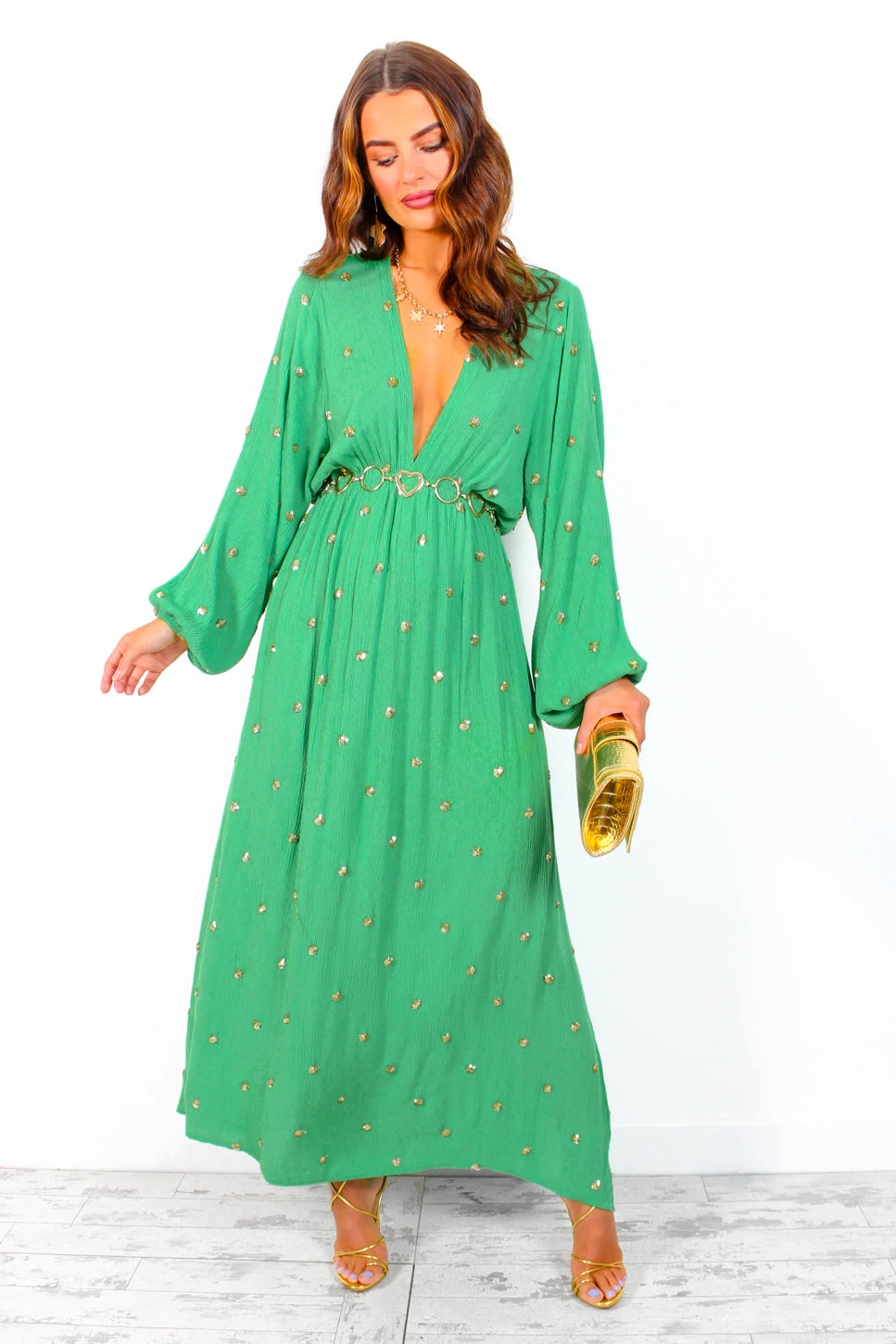 Moment Of Serendipity - Green Gold Sequin Boho Maxi Dress 1 Moment Of Serendipity - Green Gold Sequin Boho Maxi Dress