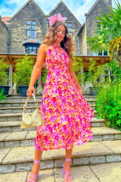 More Than A Woman - Pink Floral Pleated Halter Neck Midi Dress