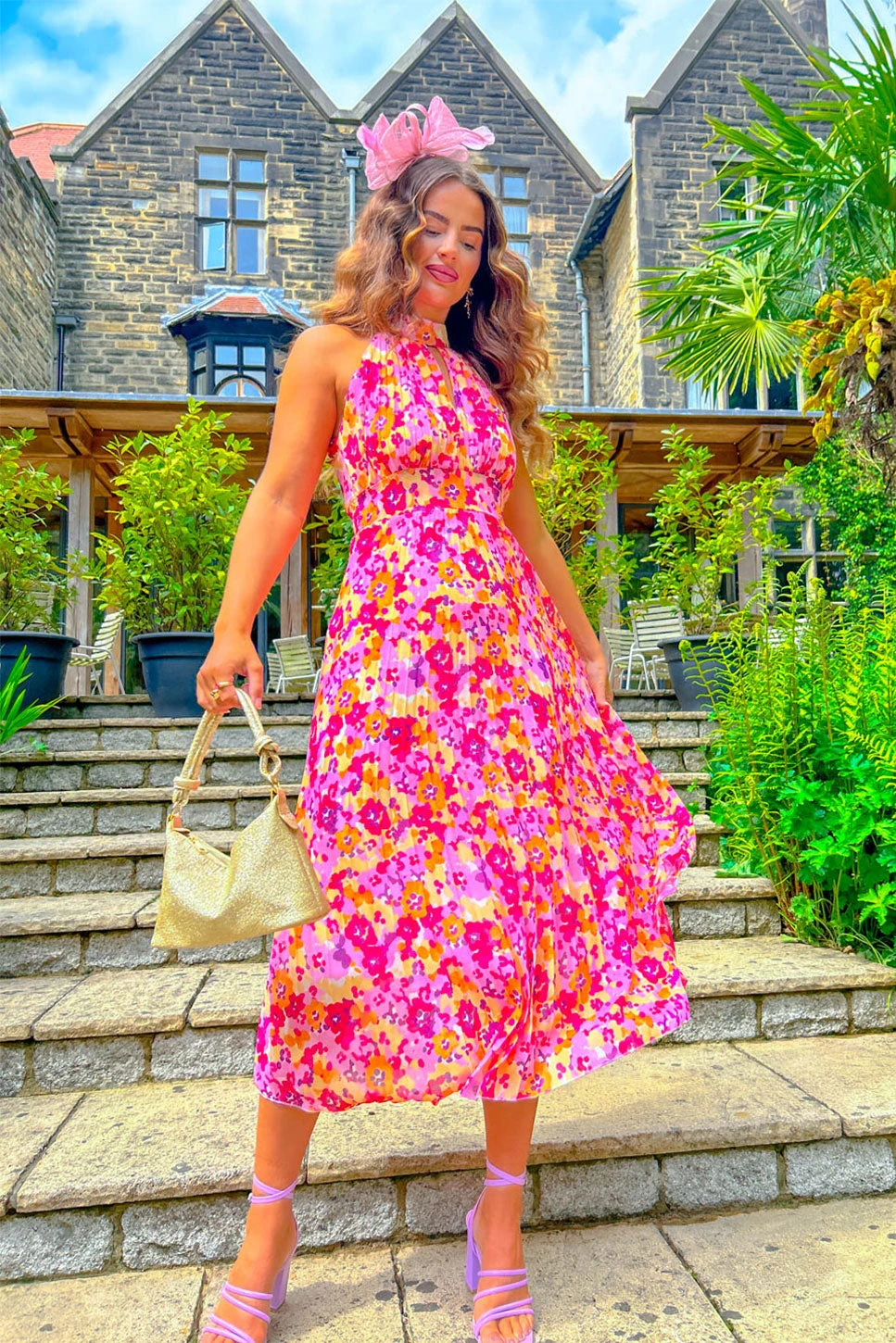 More Than A Woman - Pink Floral Pleated Halter Neck Midi Dress 1 More Than A Woman - Pink Floral Pleated Halter Neck Midi Dress