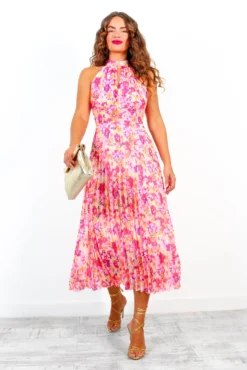 More Than A Woman - Pink Floral Pleated Halter Neck Midi Dress 10 More Than A Woman - Pink Floral Pleated Halter Neck Midi Dress -Glamoros Clothing Shop MoreThanAWoman PinkFloralPleatedHalterNeckMidiDress 2