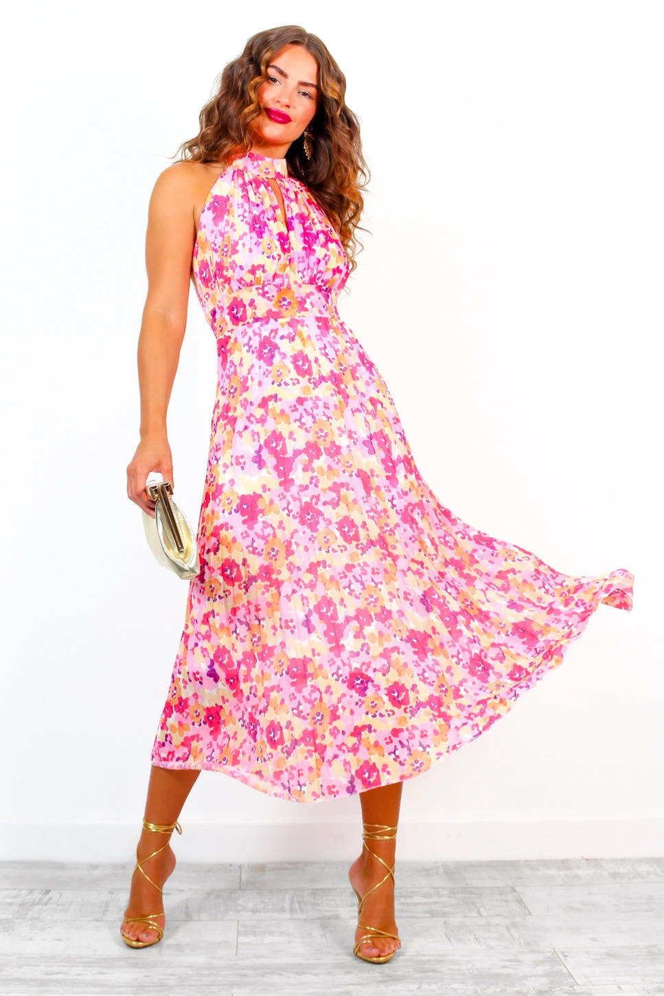 More Than A Woman - Pink Floral Pleated Halter Neck Midi Dress 2 More Than A Woman - Pink Floral Pleated Halter Neck Midi Dress - Image 2