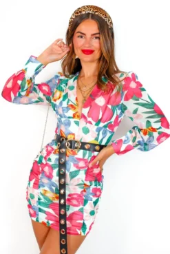 More Than Pretty - Pink Multi Floral Ruched Mini Dress -Glamoros Clothing Shop MoreThanPretty PinkMultiFloralRuchedMiniDress 5