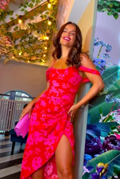 My Beloved - Red Pink Floral Midi Dress