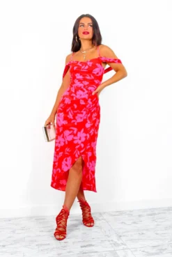 My Beloved - Red Pink Floral Midi Dress -Glamoros Clothing Shop MyBeloved RedPinkFloralMidiDress1