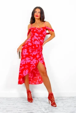My Beloved - Red Pink Floral Midi Dress -Glamoros Clothing Shop MyBeloved RedPinkFloralMidiDress2