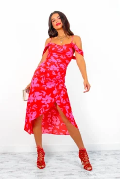 My Beloved - Red Pink Floral Midi Dress -Glamoros Clothing Shop MyBeloved RedPinkFloralMidiDress3