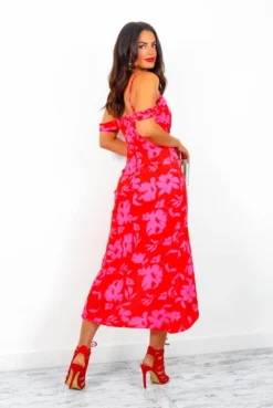 My Beloved - Red Pink Floral Midi Dress -Glamoros Clothing Shop MyBeloved RedPinkFloralMidiDress4