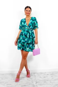 Catwalk Nearly Perfect - Green Blue Tiered Mini Dress