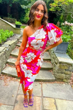 Never Looked Better - Pink Orange Floral One Shoulder Midi Dress -Glamoros Clothing Shop Never Looked Better Pink Orange Floral One Shoulder Midi Dress 2