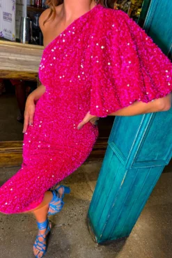 Never Looked Better - Pink Velvet Sequin One Shoulder Midi Dress