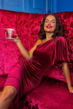 New Release -Glamoros Clothing Shop Never Looked Better Wine Velvet One Shoulder Midi Dress
