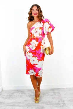 Never Looked Better - Pink Orange Floral One Shoulder Midi Dress -Glamoros Clothing Shop NeverLookedBetter PinkOrangeFloralOneShoulderMidiDress 2