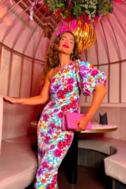 Never Looked Better - Purple Multi Floral One Shoulder Midi Dress