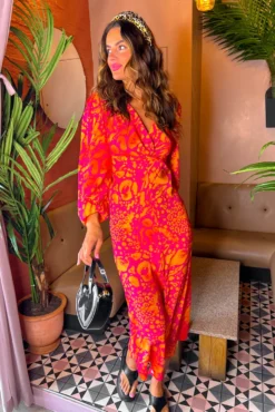 No Regrets - Pink Orange Abstract Twist Front Midi Dress -Glamoros Clothing Shop No Regrets Pink Orange Abstract Twist Front Midi Dress 2