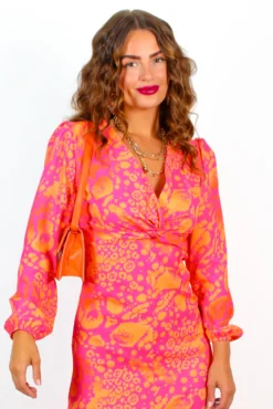 No Regrets - Pink Orange Abstract Twist Front Midi Dress -Glamoros Clothing Shop NoRegrets PinkOrangeAbstractTwistFrontMidiDress