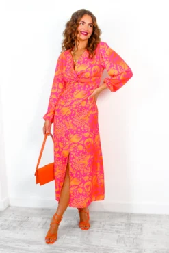 No Regrets - Pink Orange Abstract Twist Front Midi Dress -Glamoros Clothing Shop NoRegrets PinkOrangeAbstractTwistFrontMidiDress 2