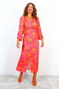 No Regrets - Pink Orange Abstract Twist Front Midi Dress -Glamoros Clothing Shop NoRegrets PinkOrangeAbstractTwistFrontMidiDress 4