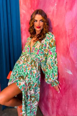 Not Just A Vibe - Cream Green Abstract Boho Midi Dress