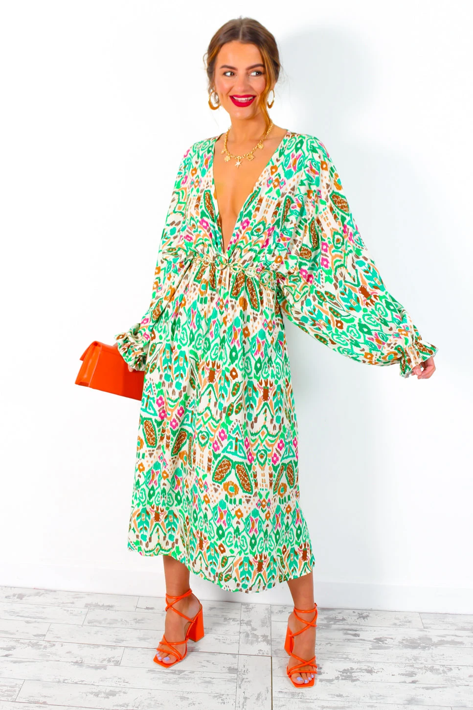 Not Just A Vibe - Cream Green Abstract Boho Midi Dress 2 Not Just A Vibe - Cream Green Abstract Boho Midi Dress - Image 2