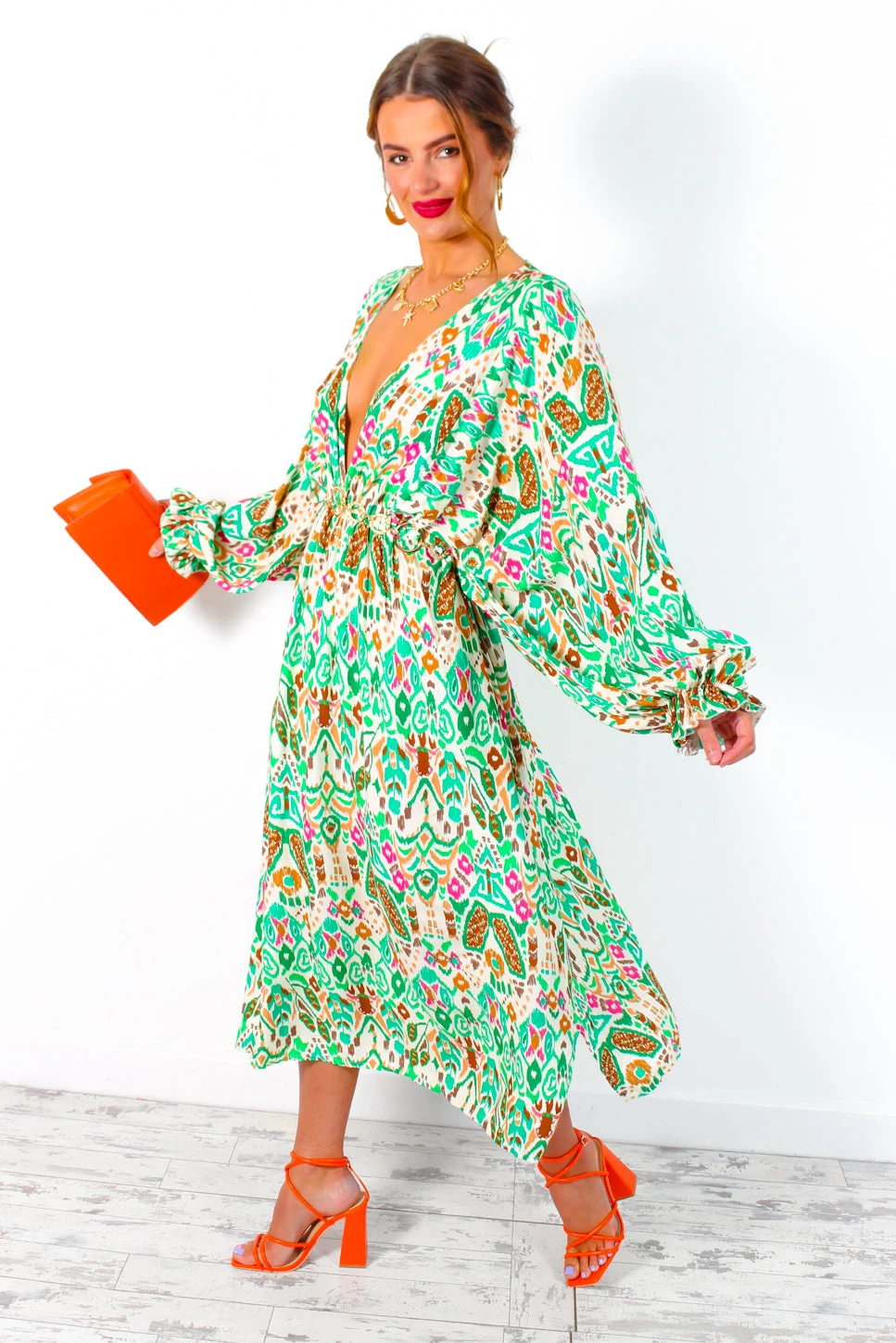 Not Just A Vibe - Cream Green Abstract Boho Midi Dress 6 Not Just A Vibe - Cream Green Abstract Boho Midi Dress - Image 6