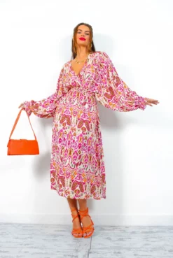 Not Just A Vibe - Cream Magenta Abstract Boho Midi Dress -Glamoros Clothing Shop NotJustAVibe CreamMagentaAbstractBohoMidiDress 1