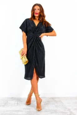 Not My Problem - Black Plisse Knot Front Midi Dress