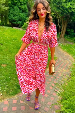 Nothing Bud Love - Red Pink Abstract Leopard Print Midi Dress