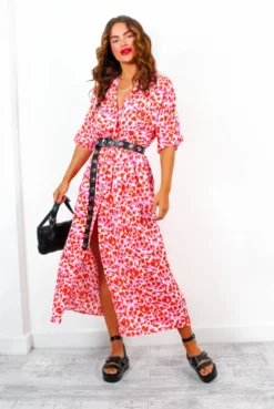 Nothing Bud Love - Red Pink Abstract Leopard Print Midi Dress -Glamoros Clothing Shop NothingBudLove RedPinkAbstractLeopardPrintMidiDress 2