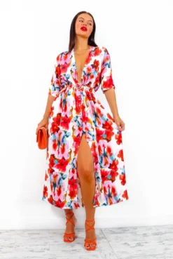 Nothing Bud Love - White Red Floral Midi Dress -Glamoros Clothing Shop NothingBudLove WhiteRedFloralMidiDress1
