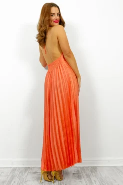 Oh So Darling - Coral Halter Neck Pleated Maxi Dress