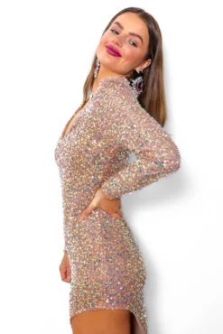 On My Good Side - Nude Asymmetrical Sequin Midi Dress -Glamoros Clothing Shop OnMyGoodSide NudeAsymmetricalSequinMidiDress 12