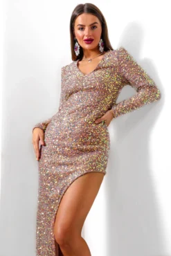 On My Good Side - Nude Asymmetrical Sequin Midi Dress -Glamoros Clothing Shop OnMyGoodSide NudeAsymmetricalSequinMidiDress 9