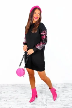 On Thin Ice - Black Pink Sequin Sleeve Jumper Dress -Glamoros Clothing Shop OnThinIce BlackPinkSequinSleeveJumperDress 2