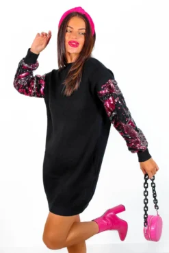 On Thin Ice - Black Pink Sequin Sleeve Jumper Dress -Glamoros Clothing Shop OnThinIce BlackPinkSequinSleeveJumperDress 5