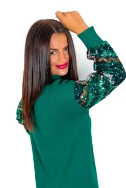 On Thin Ice - Forest Green Sequin Sleeve Jumper Dress 11 On Thin Ice - Forest Green Sequin Sleeve Jumper Dress -Glamoros Clothing Shop OnThinIce ForestGreenSequinSleeveJumperDress 1