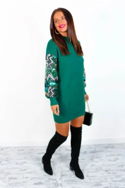 On Thin Ice - Forest Green Sequin Sleeve Jumper Dress