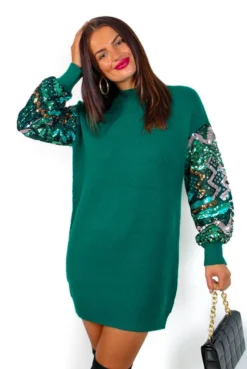 On Thin Ice - Forest Green Sequin Sleeve Jumper Dress 8 On Thin Ice - Forest Green Sequin Sleeve Jumper Dress -Glamoros Clothing Shop OnThinIce ForestGreenSequinSleeveJumperDress 5