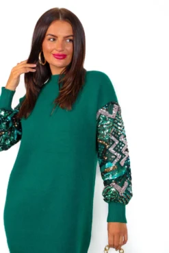 On Thin Ice - Forest Green Sequin Sleeve Jumper Dress 10 On Thin Ice - Forest Green Sequin Sleeve Jumper Dress -Glamoros Clothing Shop OnThinIce ForestGreenSequinSleeveJumperDress 6