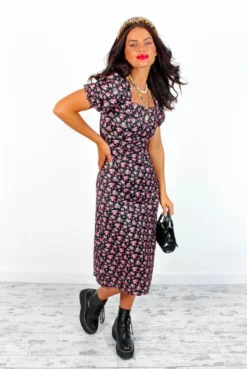 Glamorous Once And Floral - Black Pink Floral Midi Dress