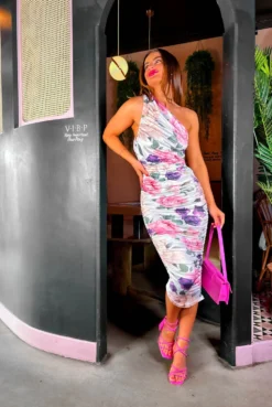 One Moment - White Pink Floral One Shoulder Midi Dress