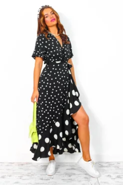 Out Your League - Black White Polka Dot Midi Dress