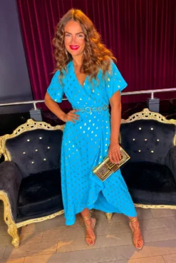 Out Your League - Turquoise Gold Foil Spot Midi Dress -Glamoros Clothing Shop OutYourLeague TurquoiseGoldFoilSpotMidiDress 2