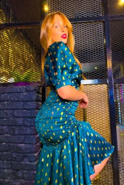 Part Of Your World - Forest Gold Spot Frilled Midi Dress